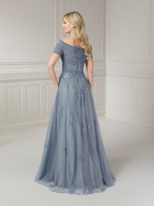 Off-The-Shoulder Lace Short Sleeve Gown In Misty Blue