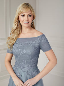 Off-The-Shoulder Lace Short Sleeve Gown In Misty Blue