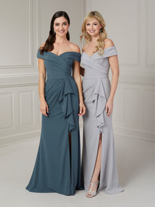 Portrait Neckline Draped Gown In Steel Blue & Grey