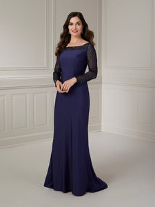 Stretch Jersey With Illusion Scoop Neckline In Navy