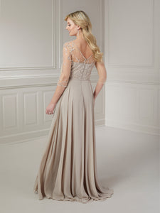Beaded Tulle Bodice Chiffon Gown In Taupe