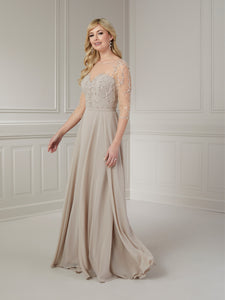 Beaded Tulle Bodice Chiffon Gown In Taupe