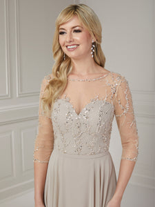 Beaded Tulle Bodice Chiffon Gown In Taupe