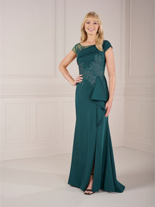 Stretch Satin With Sheer And Embroidered Gown In Hunter Green