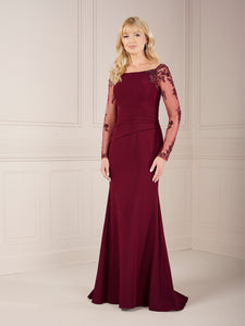 Bateau Fit And Flare Gown With Illusion Sleeves In Mahogany