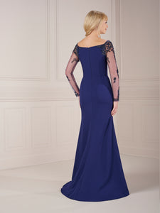 Bateau Fit And Flare Gown With Illusion Sleeves In Navy
