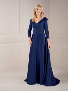 Portrait Neck A Line Gown With Beaded Side Motif In Navy