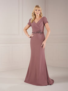 Stretch Crepe Gown With Beaded Waist Detail In Marsala