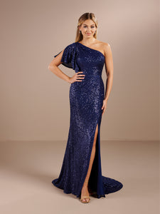 One Shoulder Flutter Sleeve Linear Sequin Gown In Navy Shiny