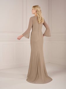 Stretch Mesh Side Pleated Gown In Cafe