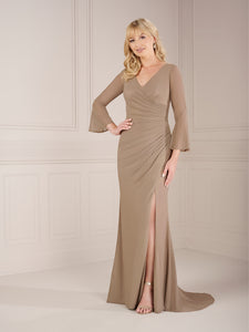 Stretch Mesh Side Pleated Gown In Cafe