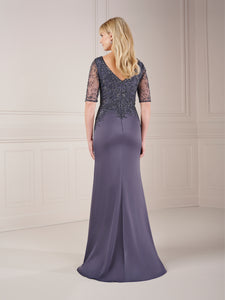 Stretch Satin Beaded Elbow Sleeve Gown In Gunmetal