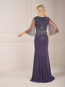 Beaded Jersey Gown With Three Quarter Sleeves In Gunmetal