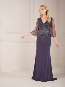 Beaded Jersey Gown With Three Quarter Sleeves In Gunmetal
