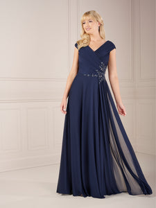 Soft Peated Chiffon Gown In Navy