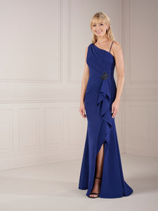 Stretch Crepe Gown With Beaded Waist Detail In Navy