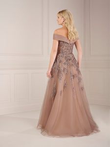 Beaded Lace Off The Shoulder Organza Gown In Bronze