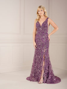 Embellished Scalloped Edge Mesh Gown In Amethyst