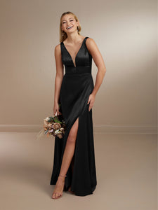 Flattering Plunging Neckline Slipper Satin Gown Shown In Mahogany/Nude In Black
