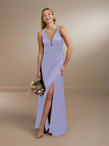 Flattering Plunging Neckline Slipper Satin Gown Shown In Mahogany/Nude In French Lilac