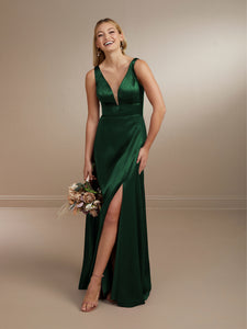 Flattering Plunging Neckline Slipper Satin Gown Shown In Mahogany/Nude In Hunter Green