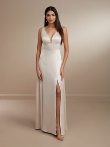 Flattering Plunging Neckline Slipper Satin Gown Shown In Mahogany/Nude In Latte