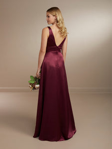 Flattering Plunging Neckline Slipper Satin Gown Shown In Mahogany/Nude In Mahogany