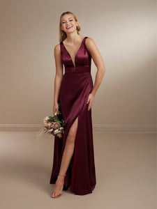 Flattering Plunging Neckline Slipper Satin Gown Shown In Mahogany/Nude In Mahogany