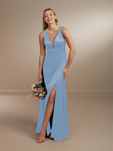 Flattering Plunging Neckline Slipper Satin Gown Shown In Mahogany/Nude In Perri