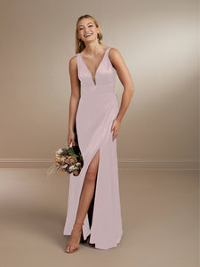 Flattering Plunging Neckline Slipper Satin Gown Shown In Mahogany/Nude In Rose