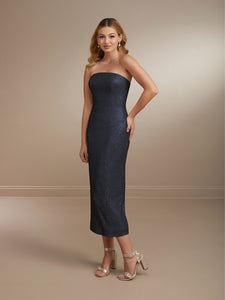 Strapless Allover Sequin Sheath Dress Shown In Rose Matte In Navy Shiny