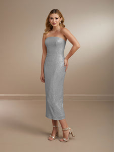 Strapless Allover Sequin Sheath Dress Shown In Rose Matte In Silver Shiny