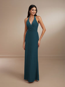 Halter Neck Velvet Gown Shown In Black In Ocean Blue