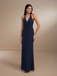 Halter Neck Velvet Gown Shown In Black In Navy