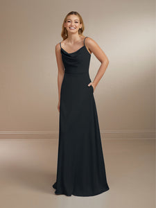 Cowl Neck Matte Charmeuse Gown Shown In Chambray In Black