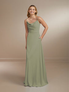 Cowl Neck Matte Charmeuse Gown Shown In Chambray In Sage