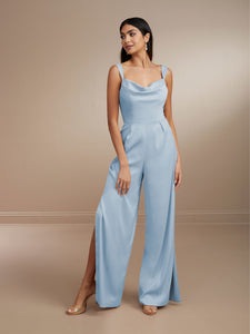 Cowl Neck Jumpsuit In Matte Charmeuse Shown In Romance In Chambray