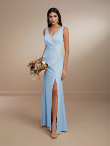 Surplice V-Neck Gown In Matte Charmeuse Shown In Romance In Chambray