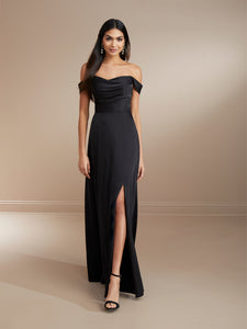 Off-The-Shoulder Matte Charmeuse Gown Shown In Chambray In Black