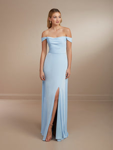 Off-The-Shoulder Matte Charmeuse Gown Shown In Chambray In Chambray