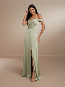 Off-The-Shoulder Matte Charmeuse Gown Shown In Chambray In Sage