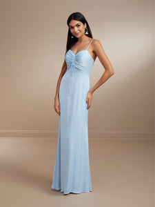 Gathered Front Tie Gown In Matte Charmeuse Shown In Canyon In Chambray
