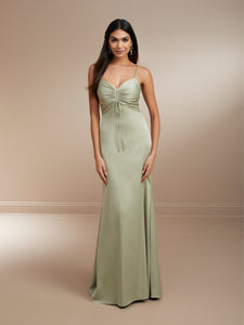 Gathered Front Tie Gown In Matte Charmeuse Shown In Canyon In Sage