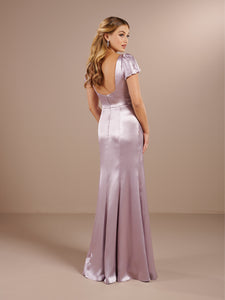 Satin Sheath Gown Square Neckline With Puff Sleeves In French Lilac