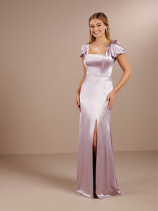 Satin Sheath Gown Square Neckline With Puff Sleeves In French Lilac
