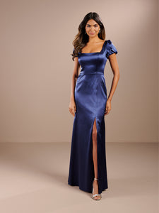Satin Sheath Gown Square Neckline With Puff Sleeves In Navy