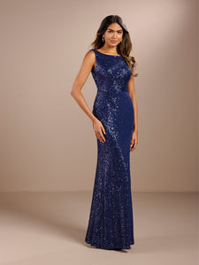 Bateau Neckline  And Draped Cowl Back Linear Sequin Gown In Navy Shiny