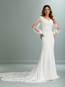 Beaded Lace Slim Crepe Gown With Long Sheer Lace Train In Ivory Ivory Silver