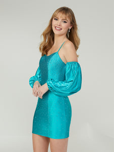 Short Jersey Sheath Dress With Heatset Stones And Removable Puff Sleeves In Turquoise