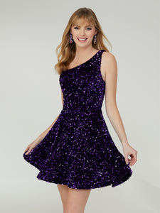One Shoulder Sequin Velvet A-Line Short Dress In Purple